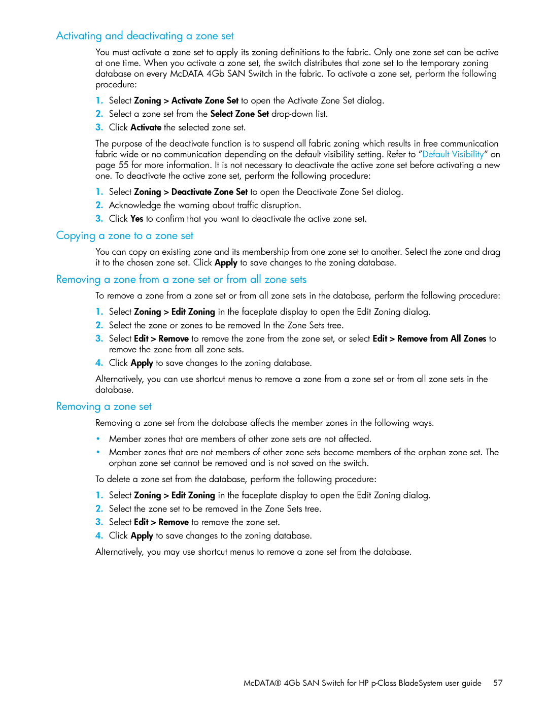 HP AA-RW20A-TE manual Activating and deactivating a zone set, Copying a zone to a zone set, Removing a zone set 