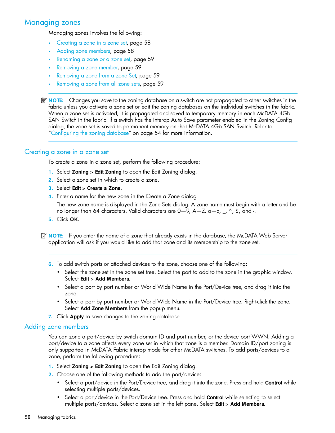 HP AA-RW20A-TE manual Creating a zone in a zone set, Adding zone members, Managing zones involves the following 