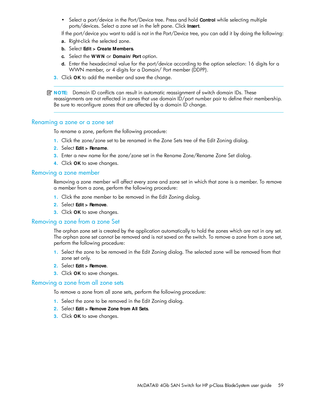 HP AA-RW20A-TE manual Renaming a zone or a zone set, Removing a zone member, Removing a zone from a zone Set 