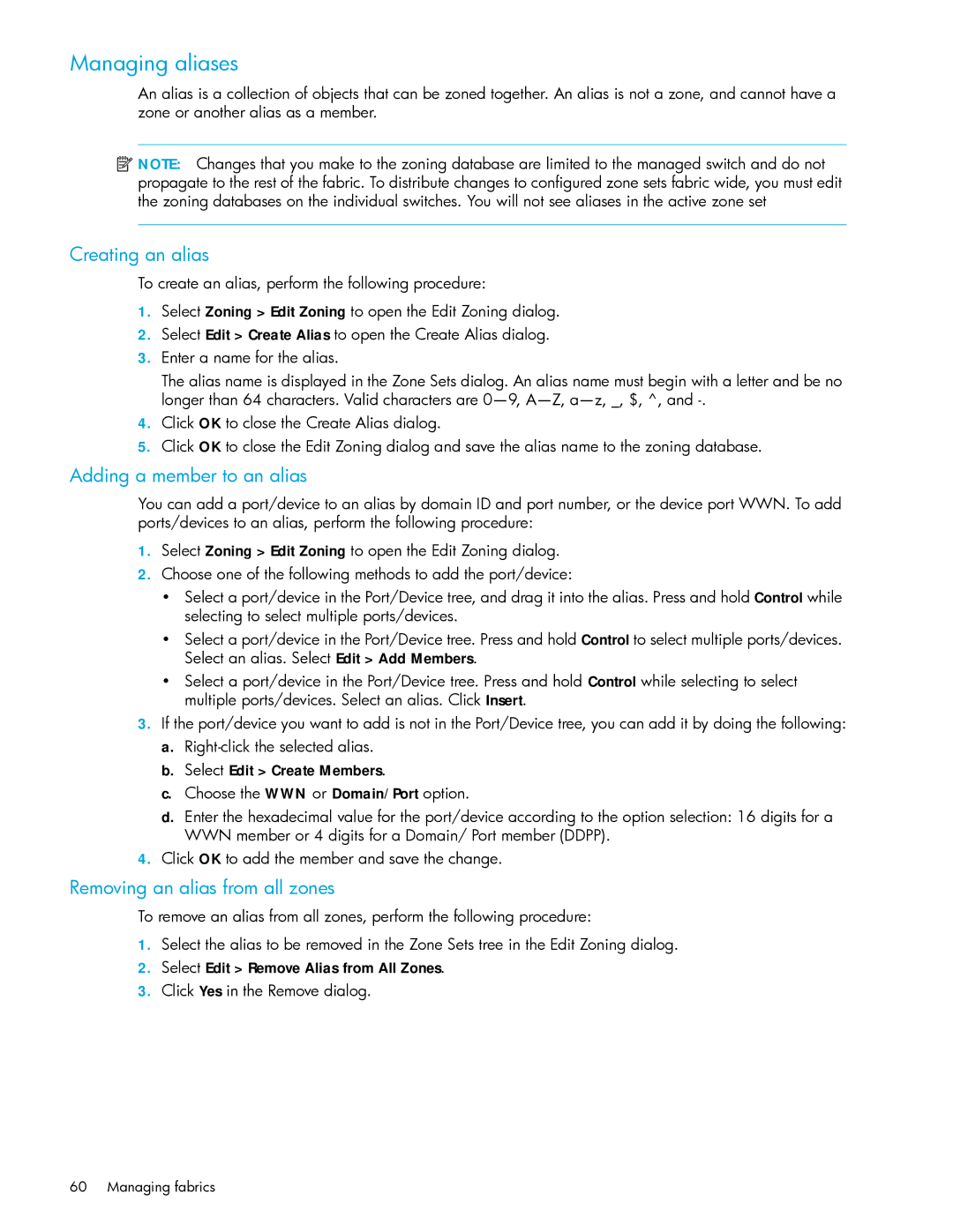 HP AA-RW20A-TE manual Managing aliases, Creating an alias, Adding a member to an alias, Removing an alias from all zones 