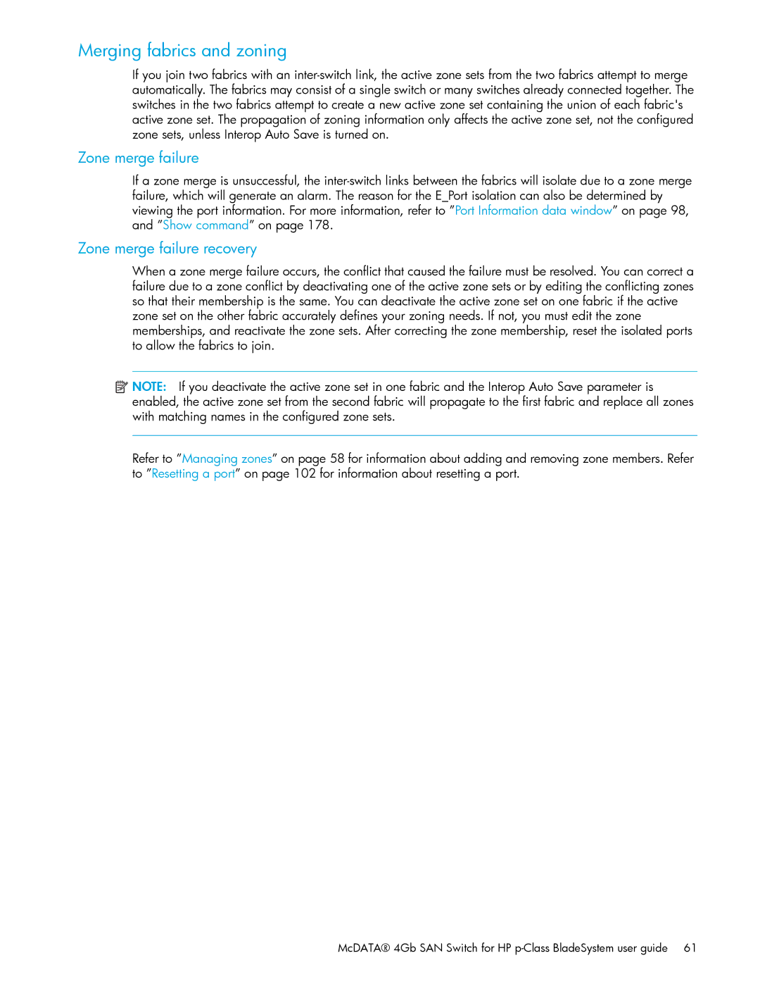 HP AA-RW20A-TE manual Merging fabrics and zoning, Zone merge failure recovery 