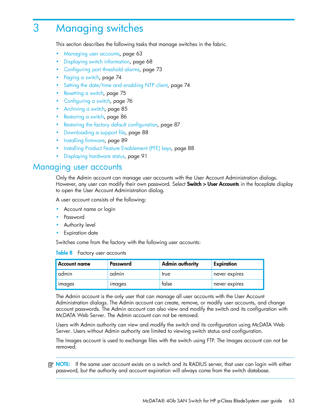 HP AA-RW20A-TE manual Managing switches, Managing user accounts 