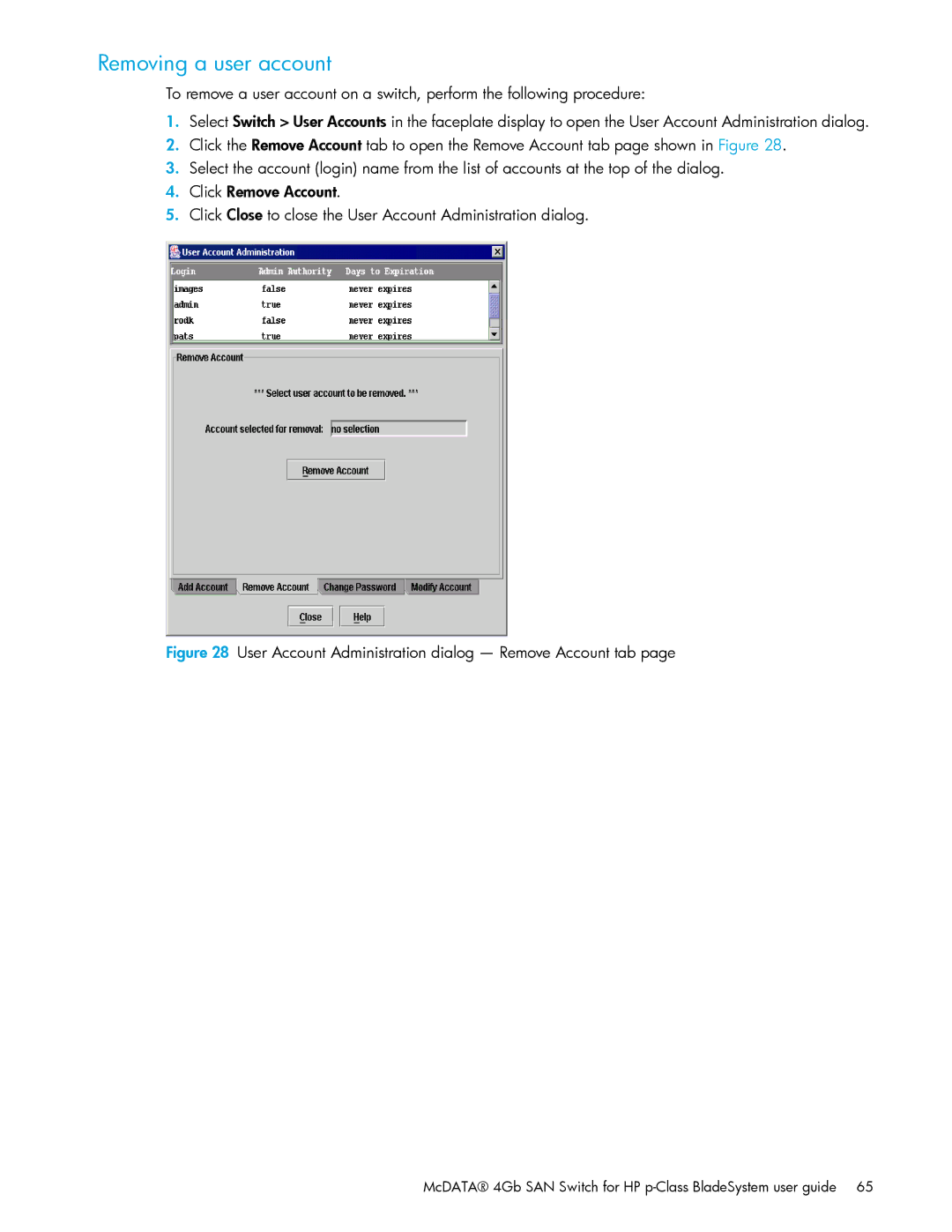 HP AA-RW20A-TE manual Removing a user account, User Account Administration dialog Remove Account tab 