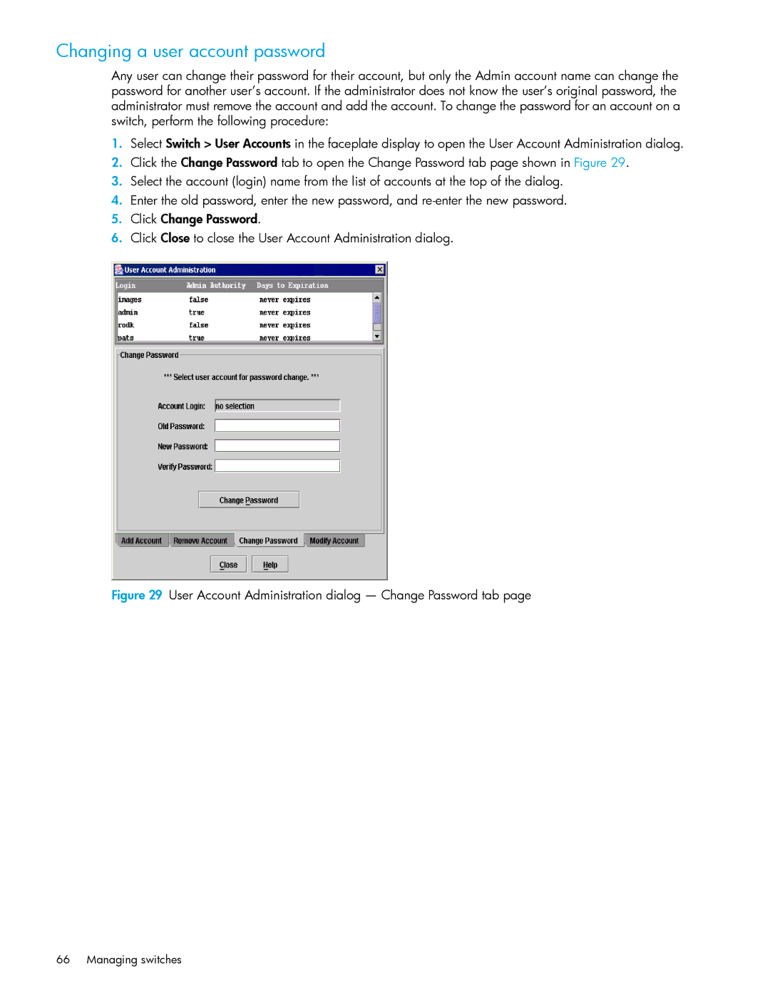 HP AA-RW20A-TE manual Changing a user account password, User Account Administration dialog Change Password tab 