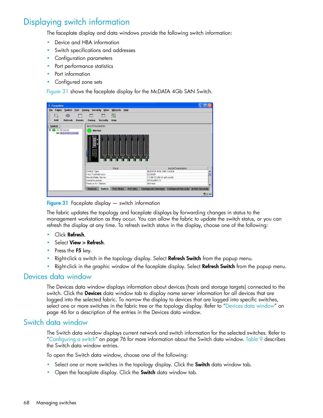 HP AA-RW20A-TE manual Displaying switch information, Switch data window 