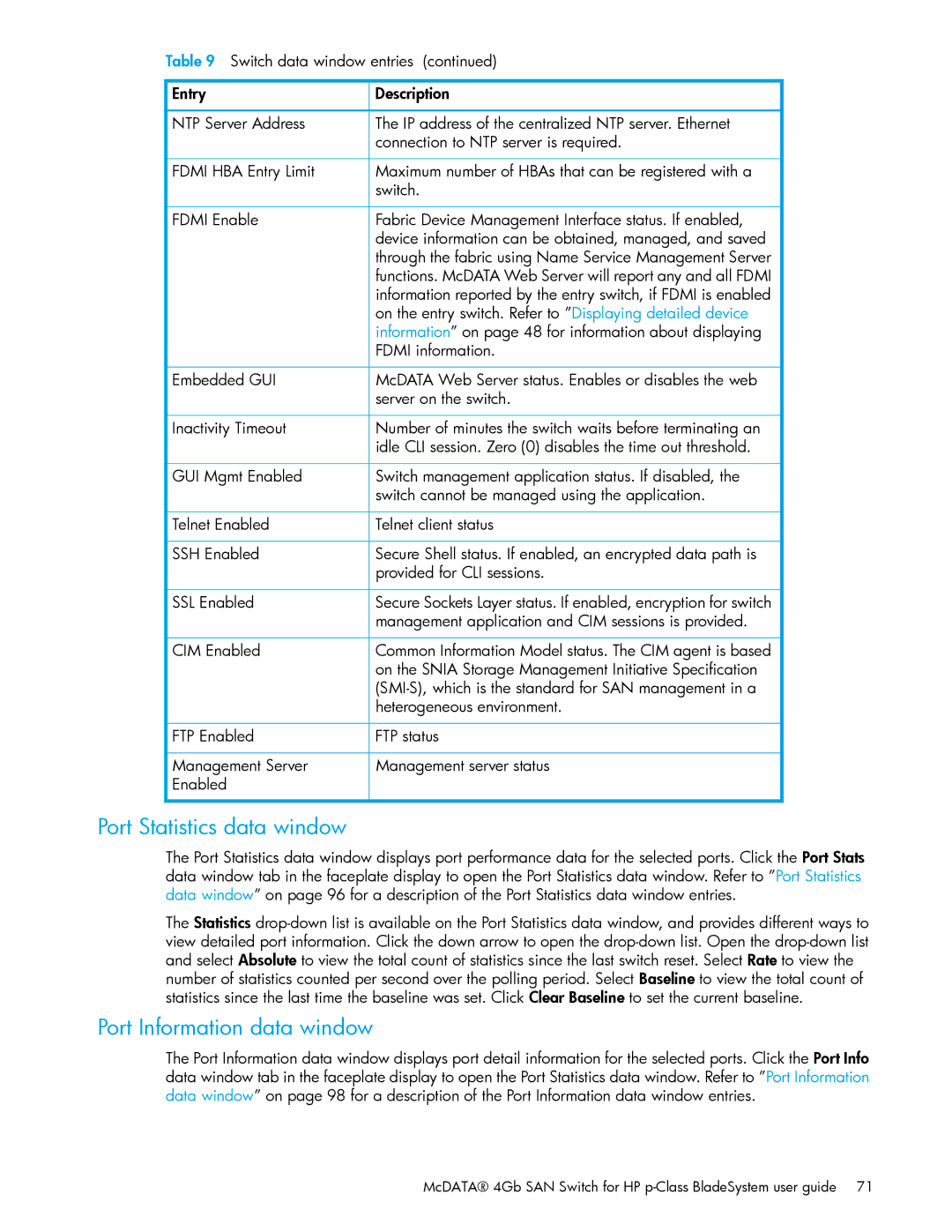 HP AA-RW20A-TE manual Port Statistics data window, Port Information data window 