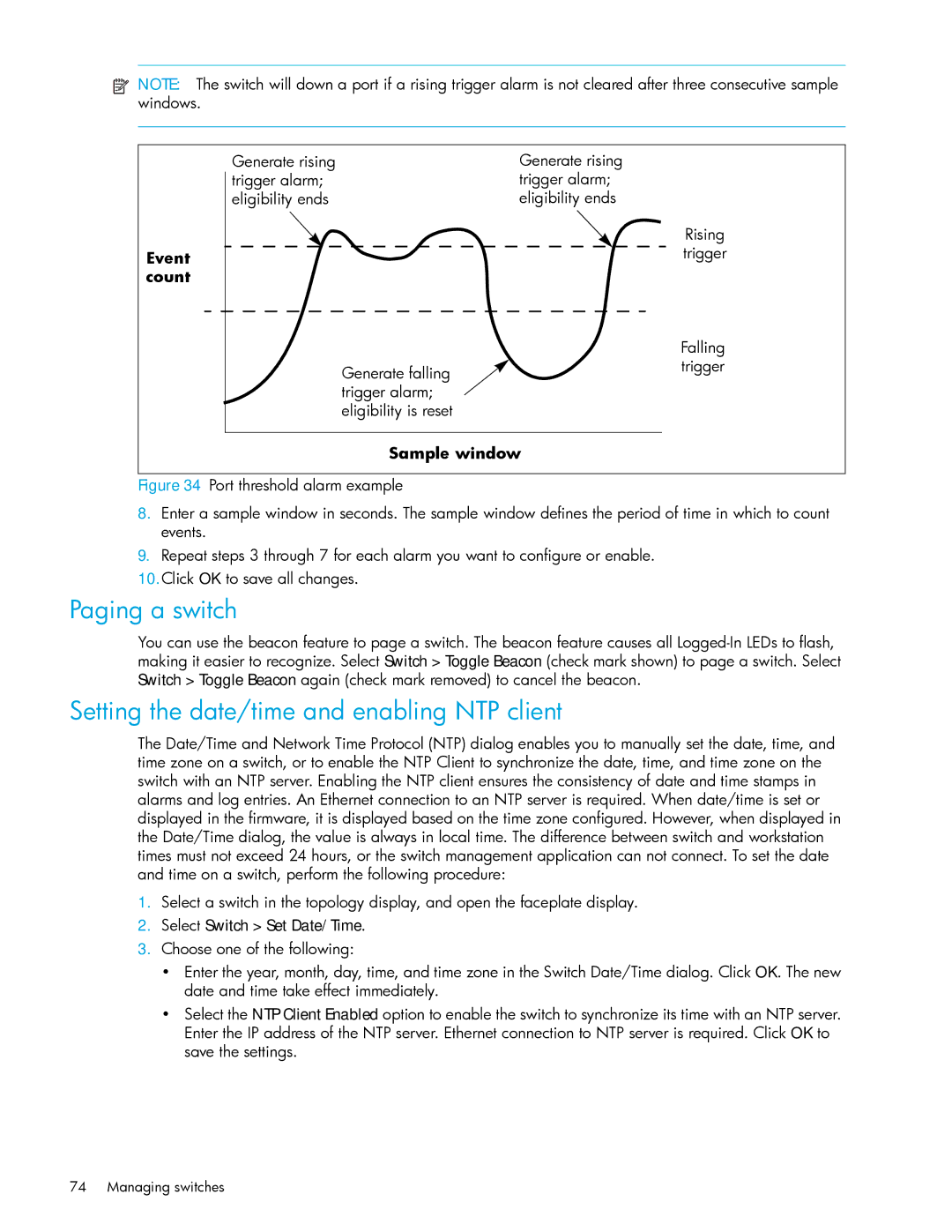 HP AA-RW20A-TE manual Paging a switch, Setting the date/time and enabling NTP client, Trigger 