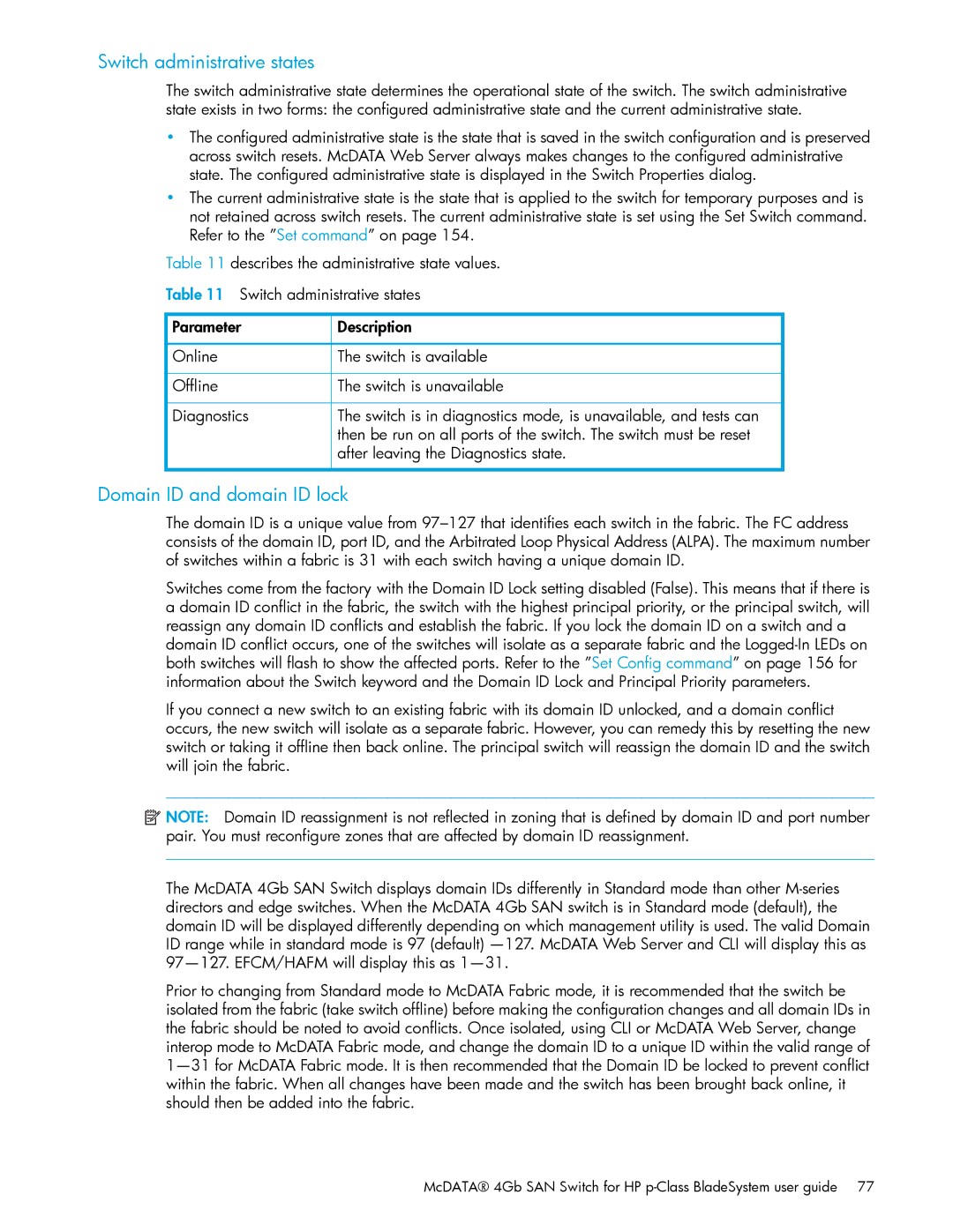 HP AA-RW20A-TE manual Switch administrative states, Domain ID and domain ID lock 