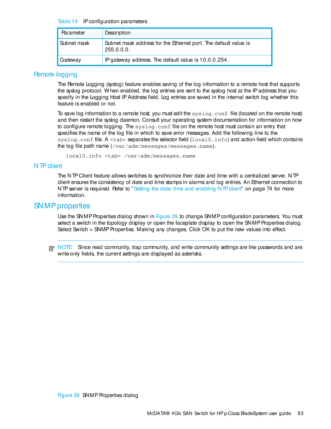 HP AA-RW20A-TE manual Snmp properties, Remote logging, NTP client 