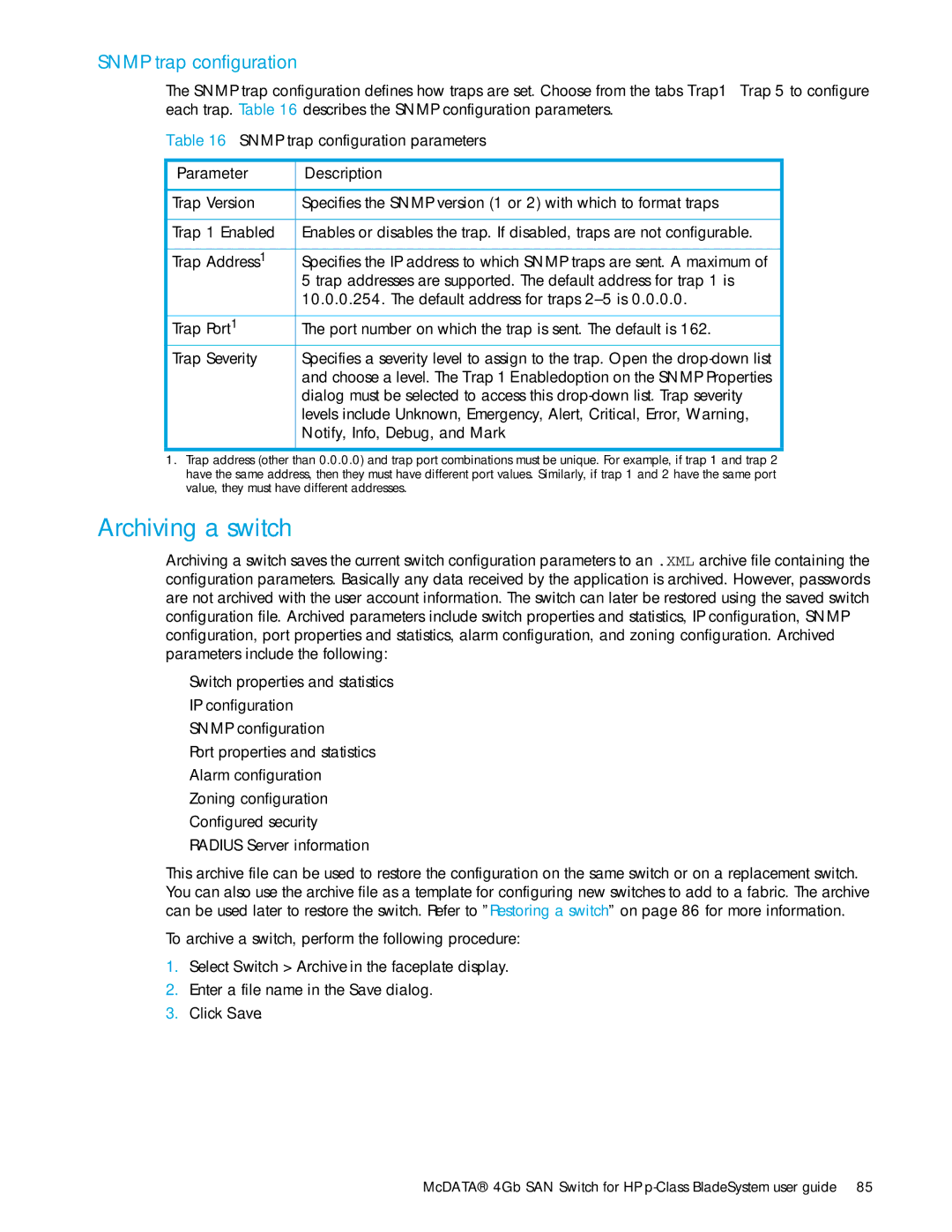 HP AA-RW20A-TE manual Archiving a switch, Snmp trap configuration 