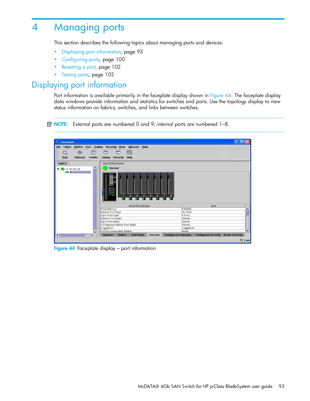 HP AA-RW20A-TE manual Displaying port information, Faceplate display port information 