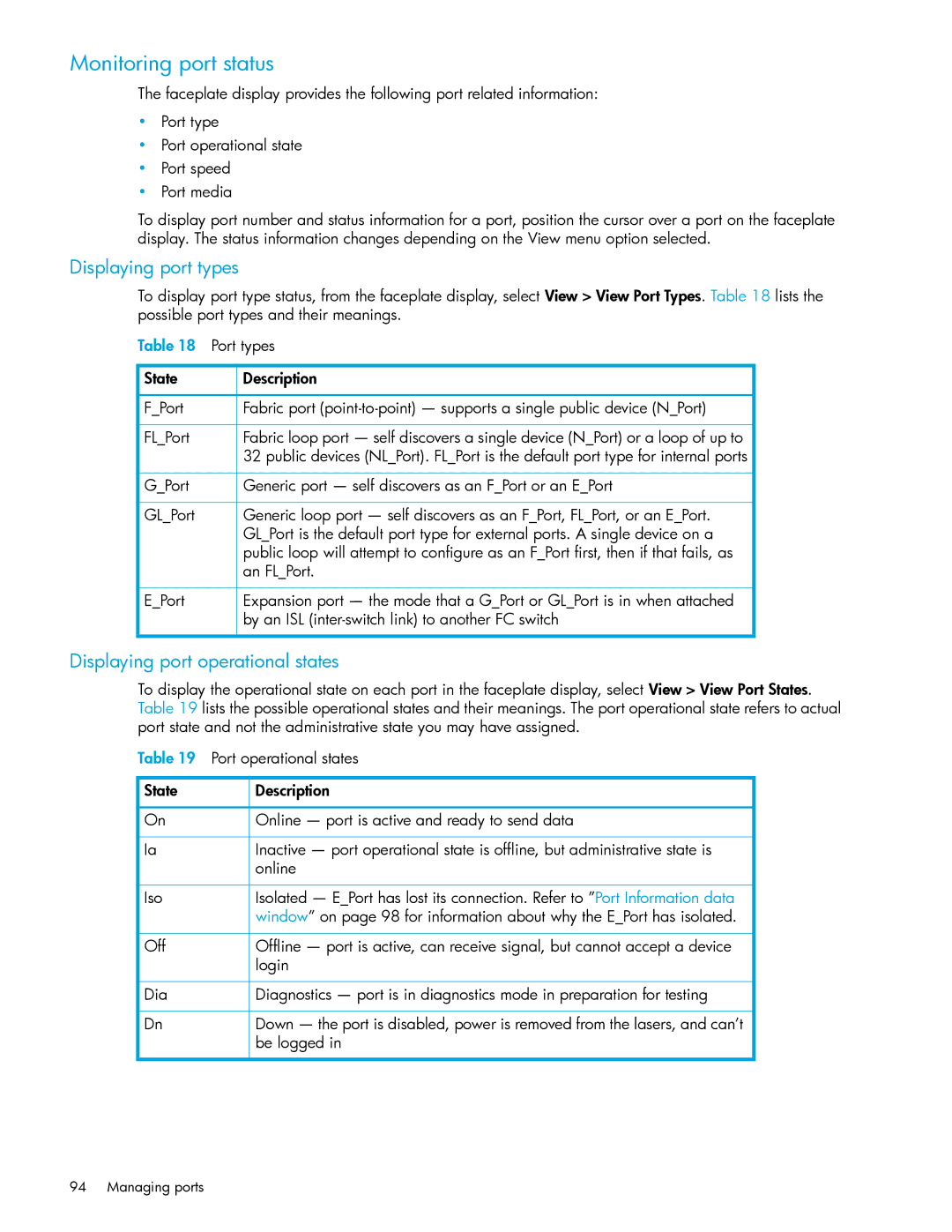 HP AA-RW20A-TE manual Monitoring port status, Displaying port types, Displaying port operational states 