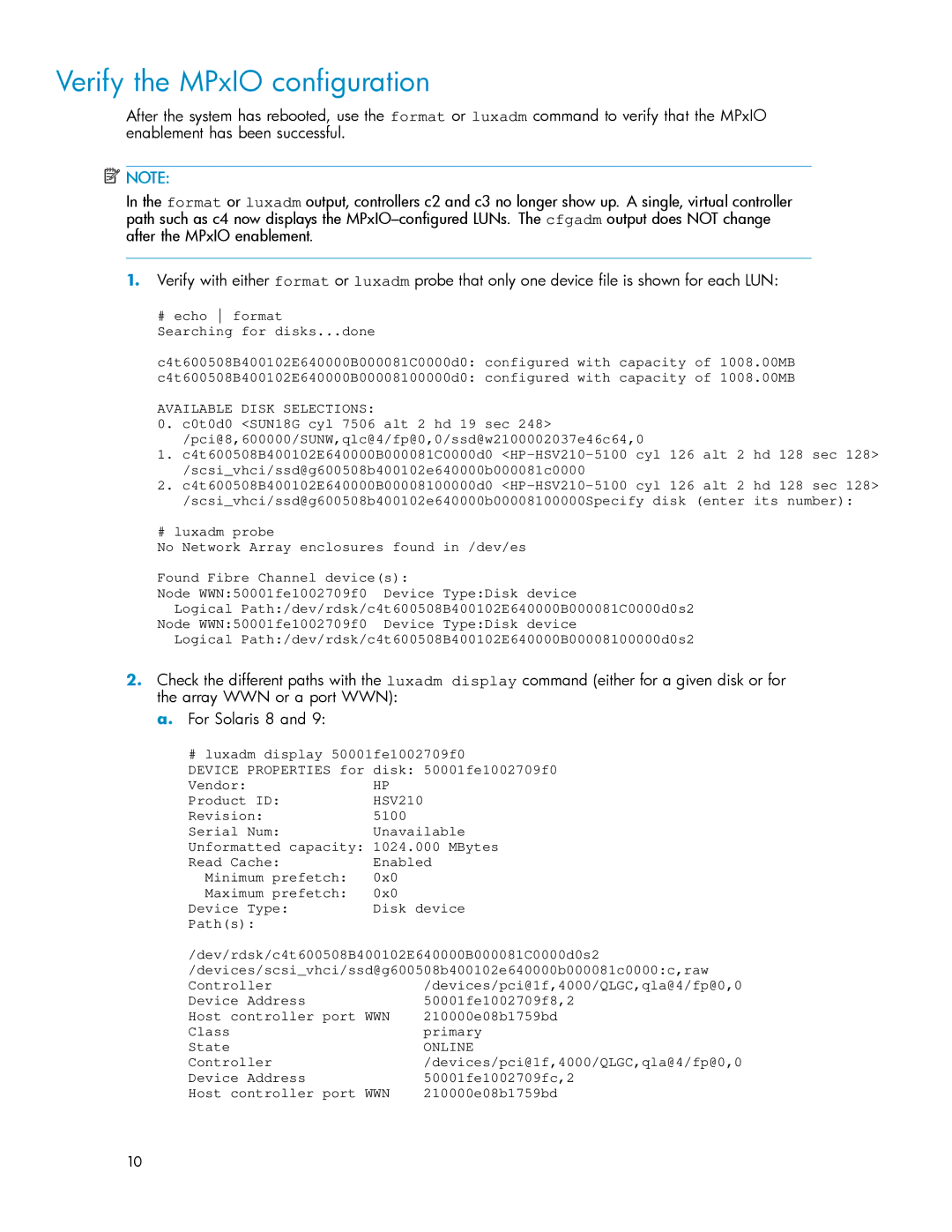 HP AA-RW7CE-TE manual Verify the MPxIO conﬁguration, Online 