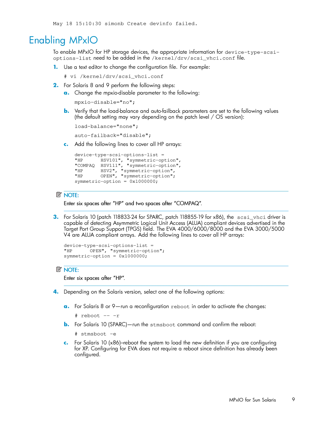 HP AA-RW7CE-TE manual Enabling MPxIO, Add the following lines to cover all HP arrays, Compaq, Open 