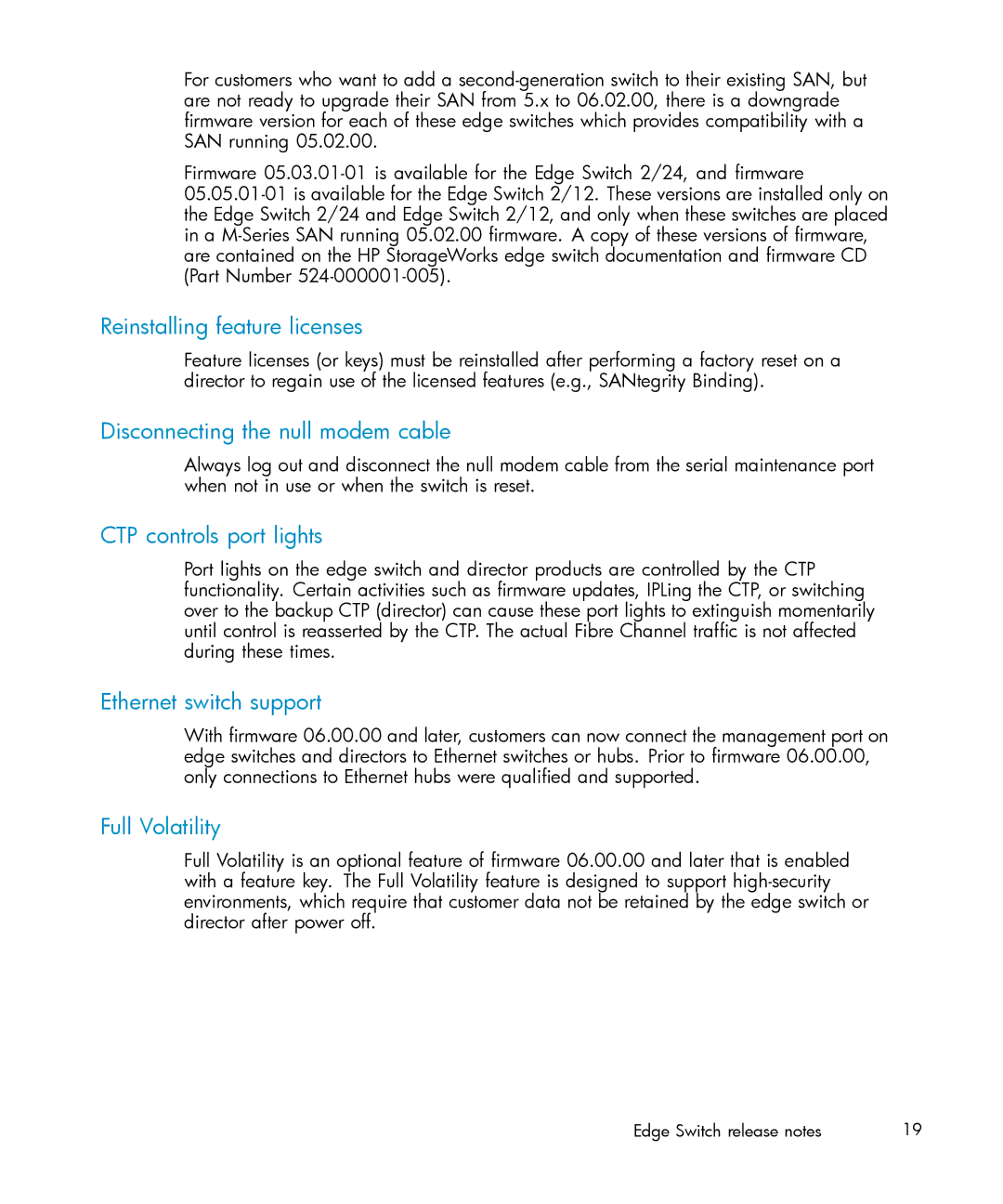 HP AARTDZHTE/958000284008 Reinstalling feature licenses, Disconnecting the null modem cable, CTP controls port lights 