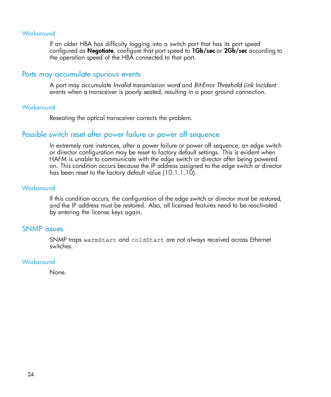 HP AARTDZHTE/958000284008 manual Ports may accumulate spurious events, Snmp issues 
