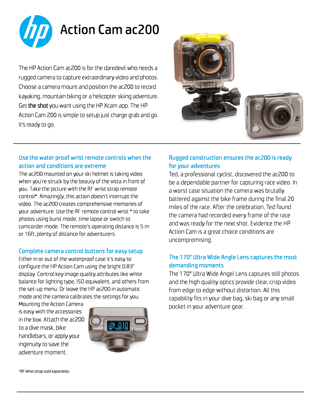 HP ac200 Action Camera manual Action Cam ac200, Complete camera control buttons for easy setup 