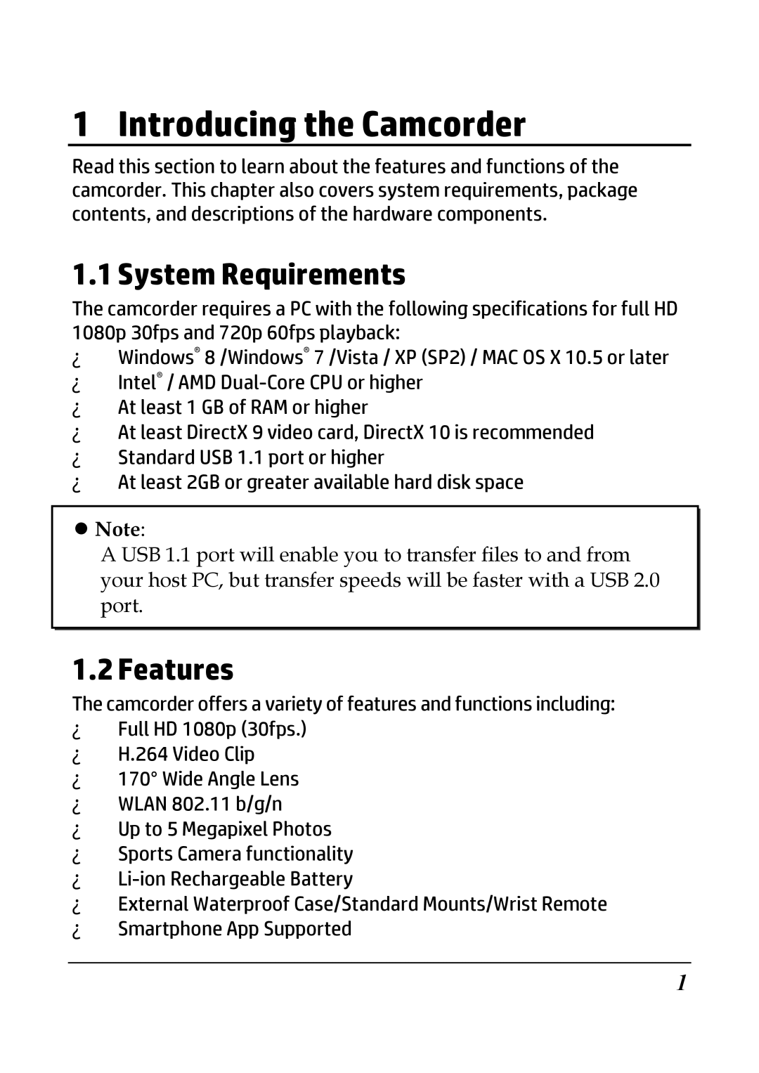 HP ac200w Action Camera manual System Requirements, Features 