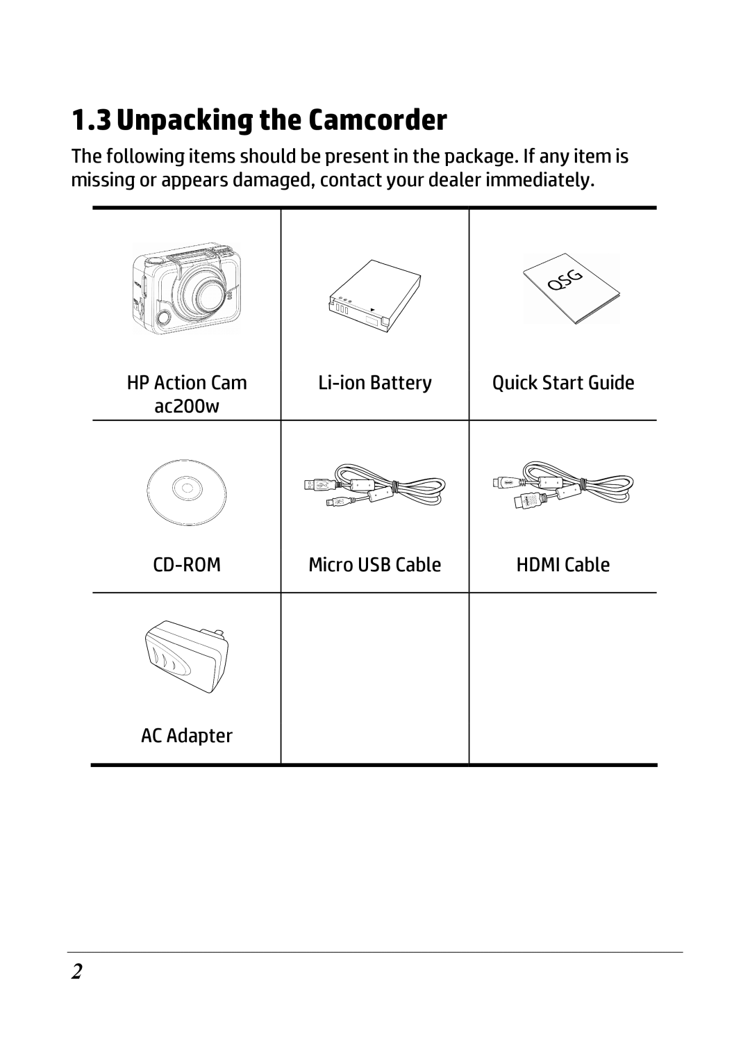 HP ac200w Action Camera manual Unpacking the Camcorder, Cd-Rom 