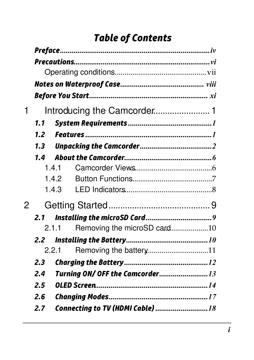 HP ac200w Action Camera manual Table of Contents 