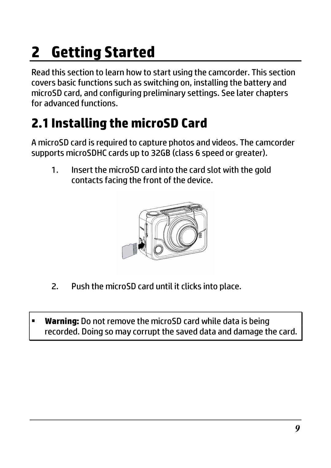 HP ac200w Action Camera manual Getting Started, Installing the microSD Card 