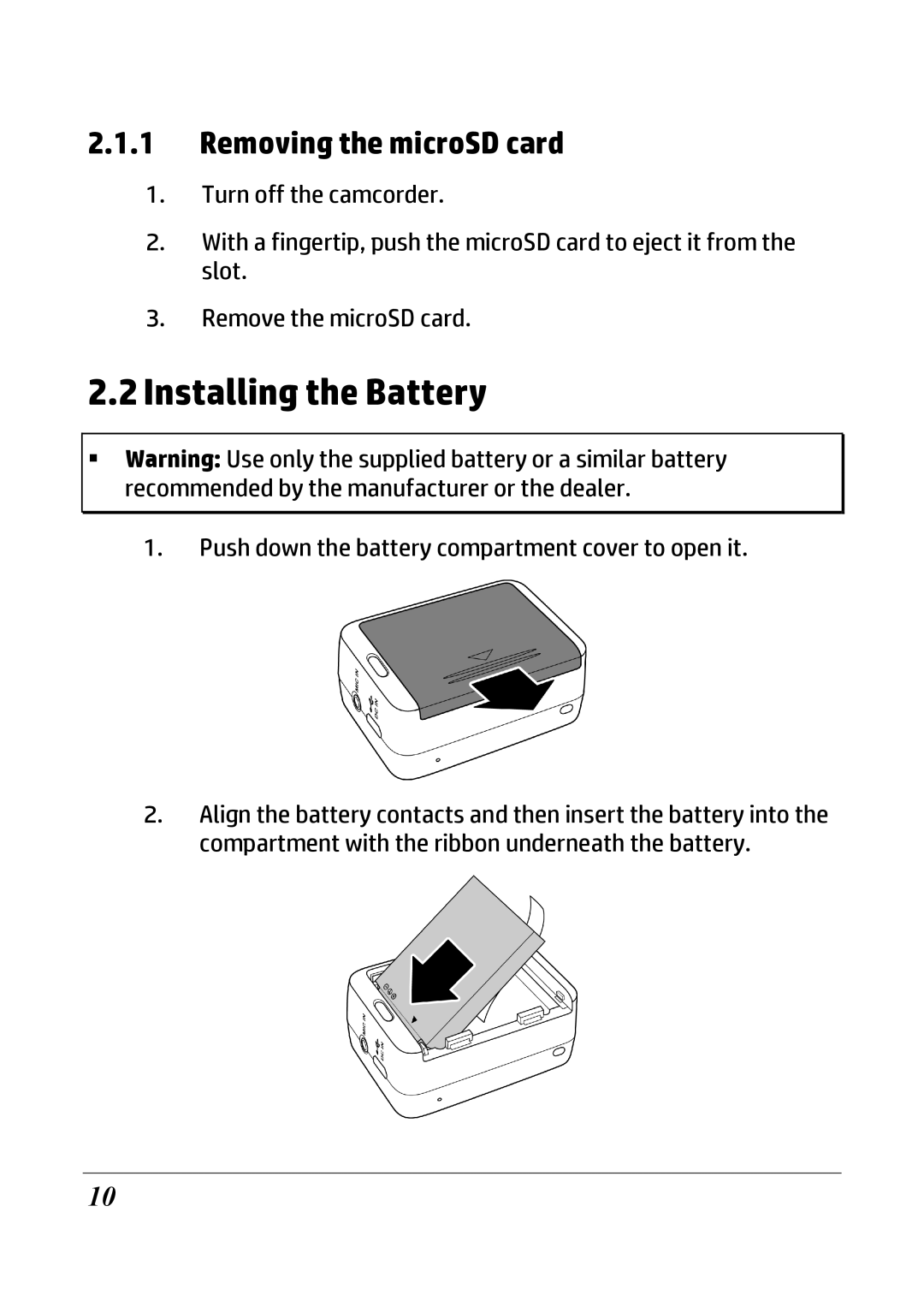 HP ac200w Action Camera manual Installing the Battery, Removing the microSD card 