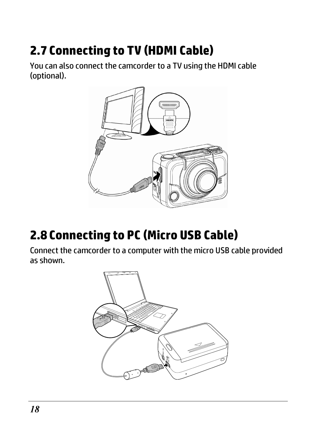 HP ac200w Action Camera manual Connecting to TV Hdmi Cable, Connecting to PC Micro USB Cable 