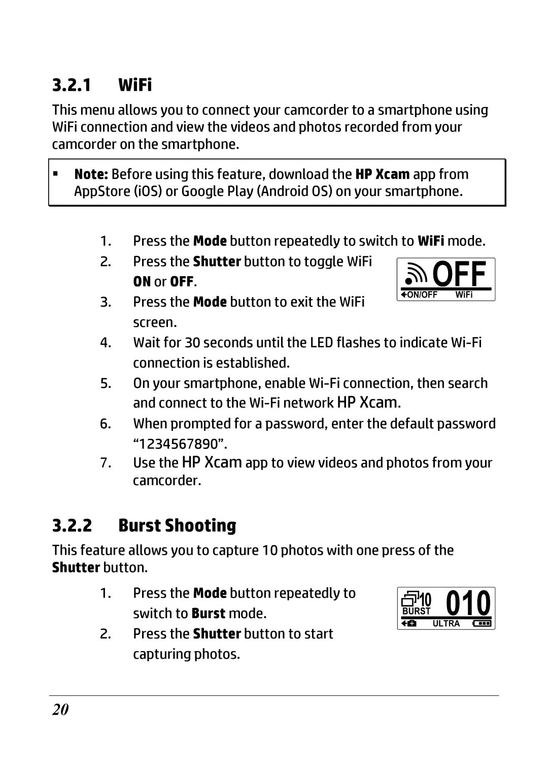 HP ac200w Action Camera manual WiFi, Burst Shooting 