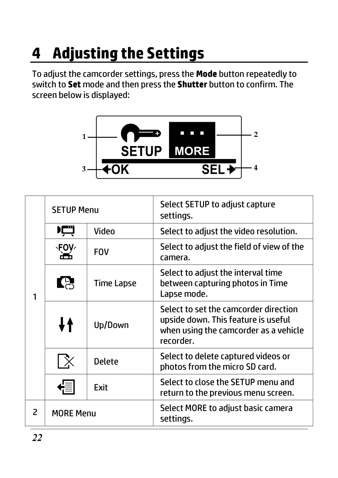 HP ac200w Action Camera manual Adjusting the Settings 