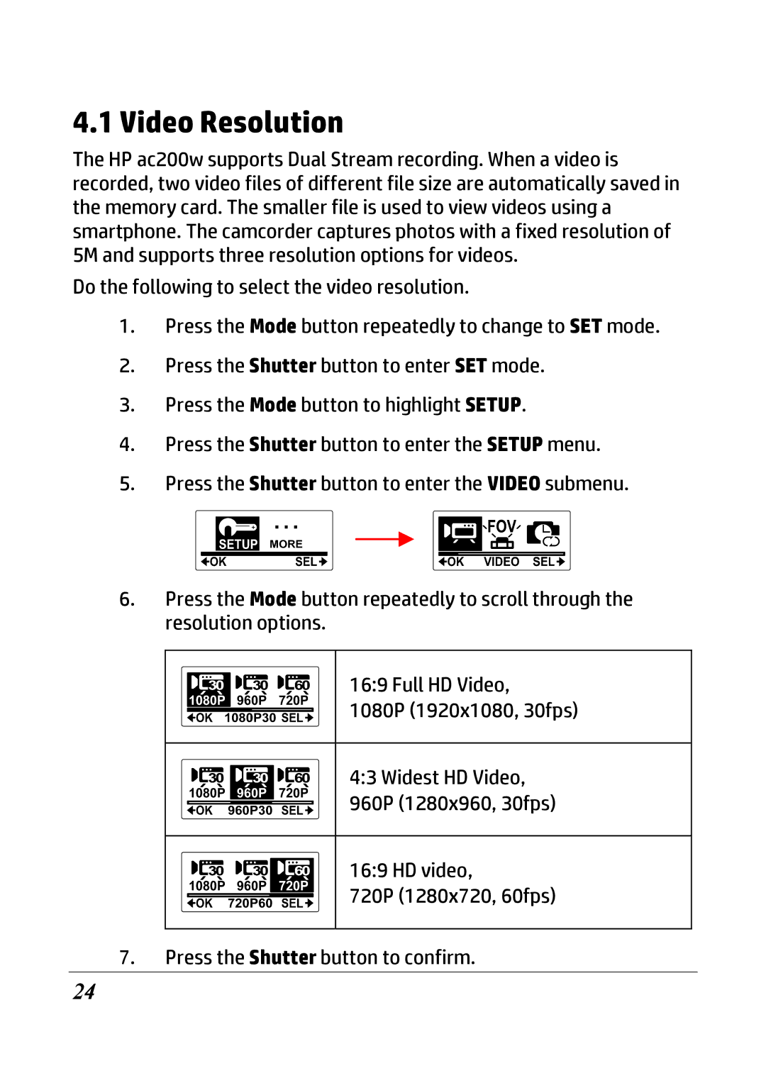 HP ac200w Action Camera manual Video Resolution 