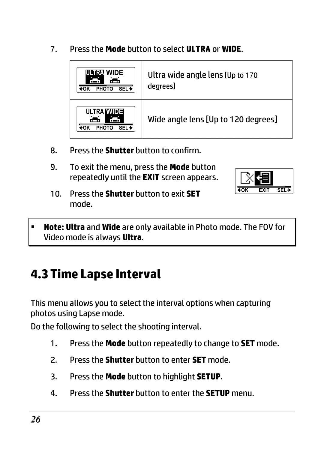 HP ac200w Action Camera manual Time Lapse Interval 