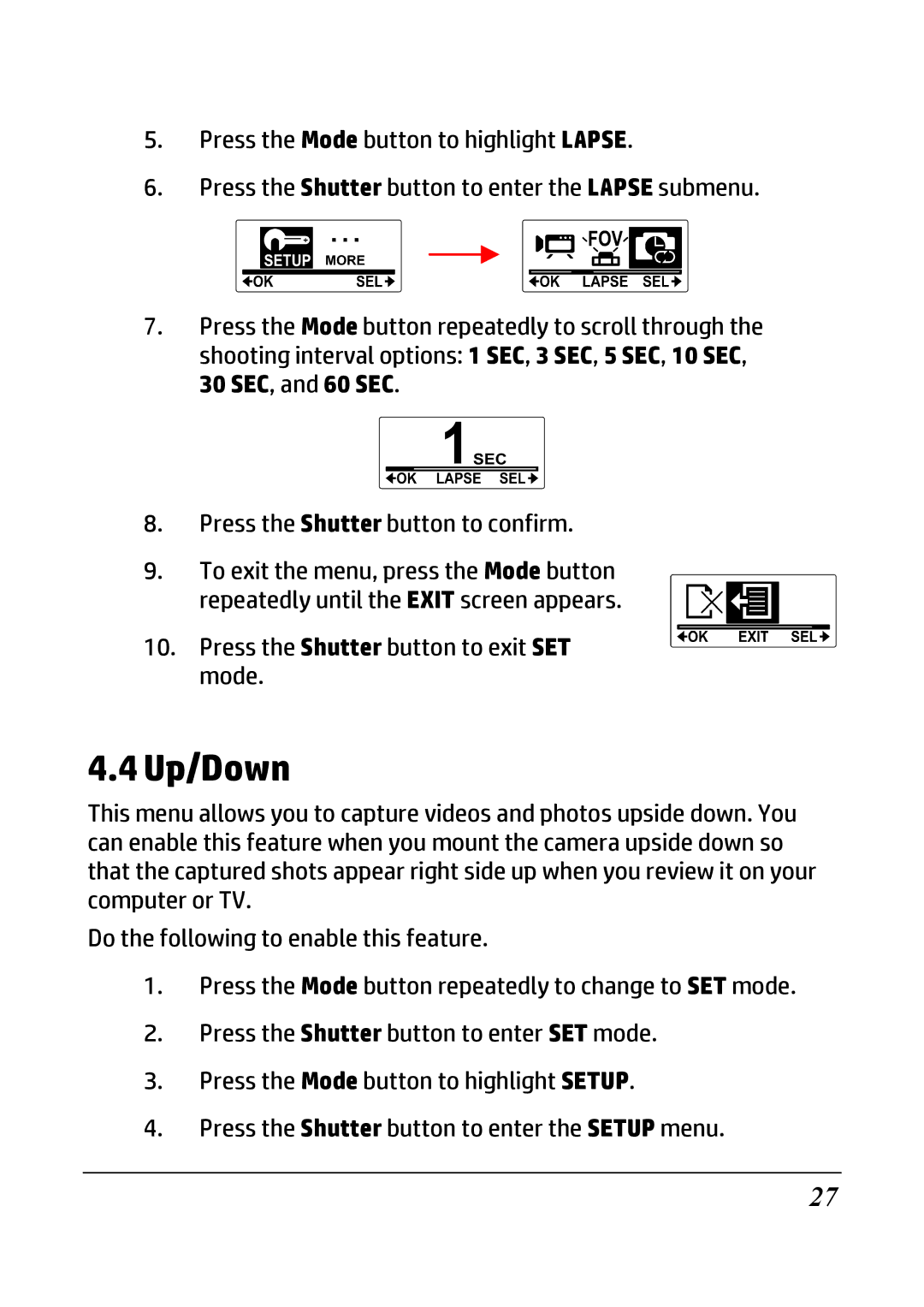 HP ac200w Action Camera manual Up/Down 