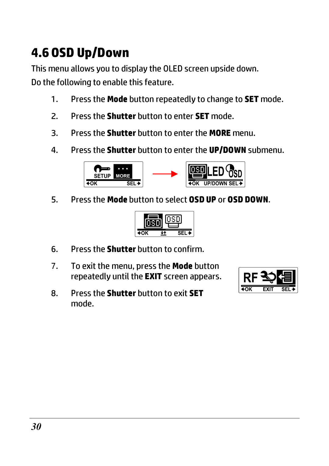 HP ac200w Action Camera manual OSD Up/Down 