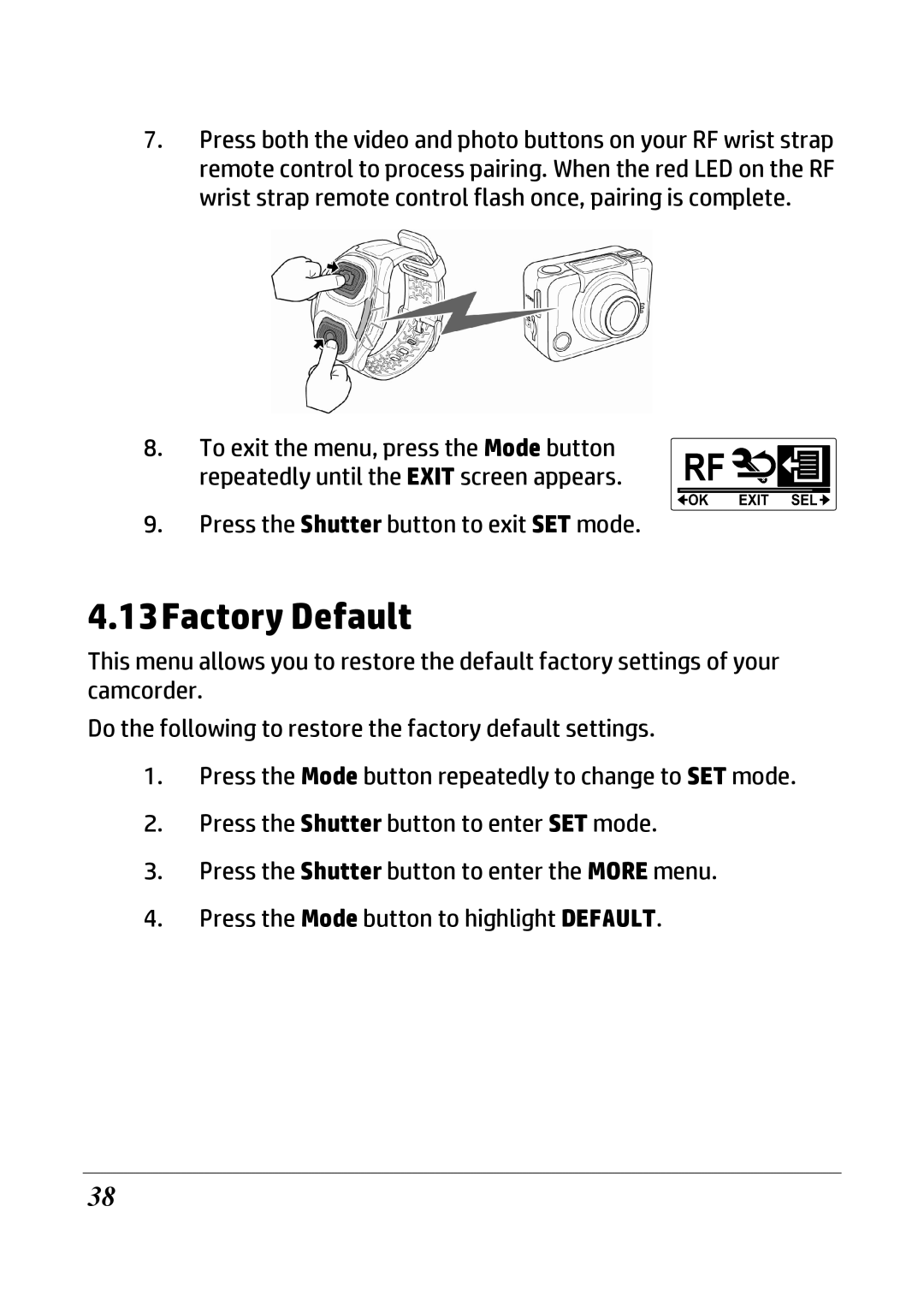 HP ac200w Action Camera manual Factory Default 