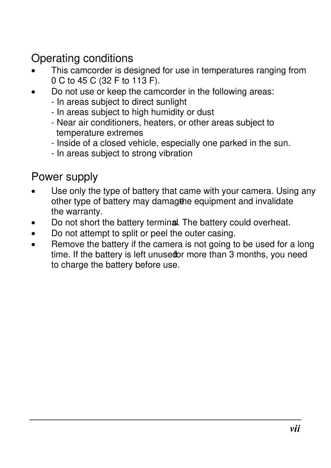 HP ac200w Action Camera manual Operating conditions, Power supply 