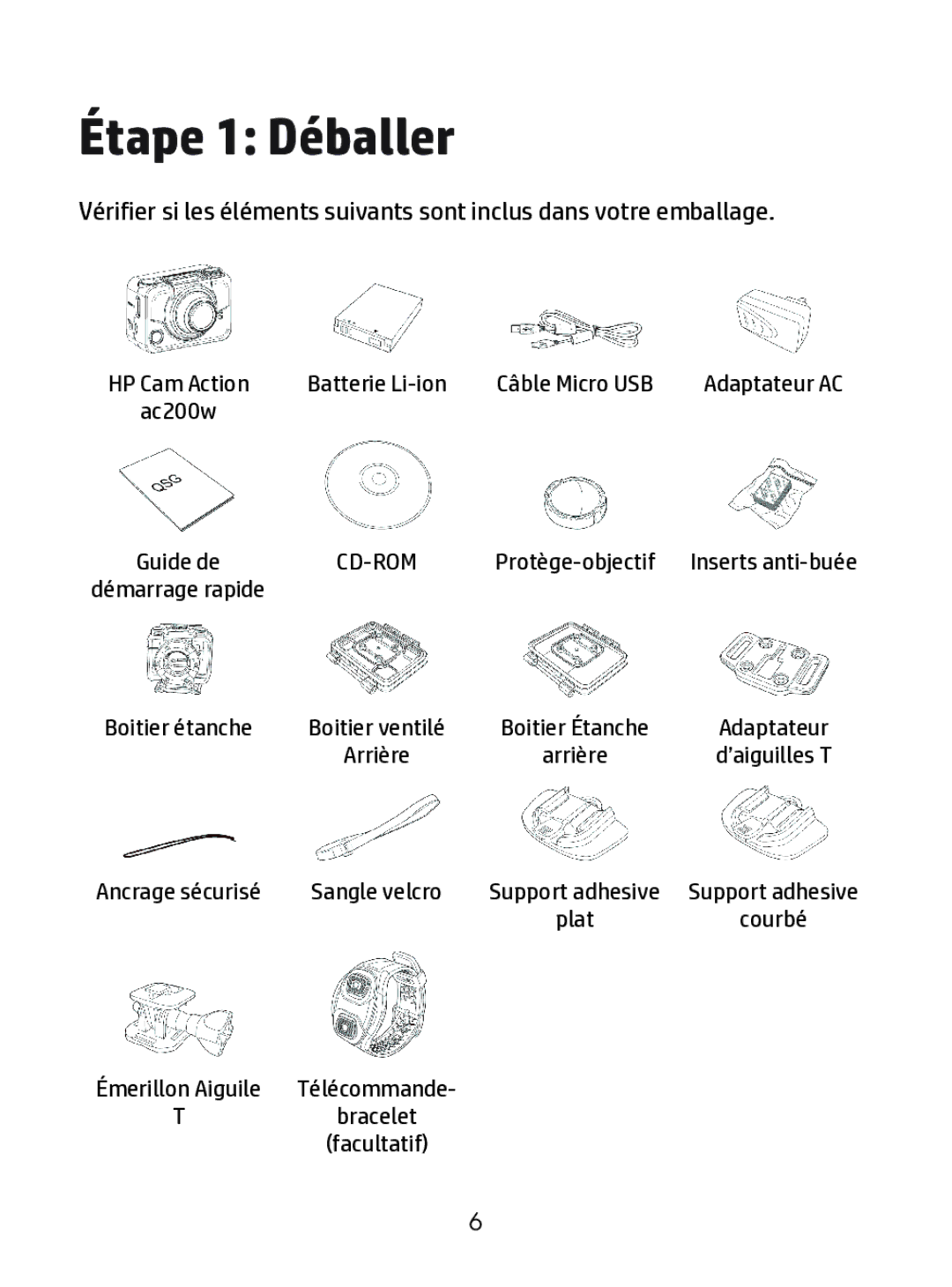 HP ac200w Action Camera manual Étape 1 Déballer 