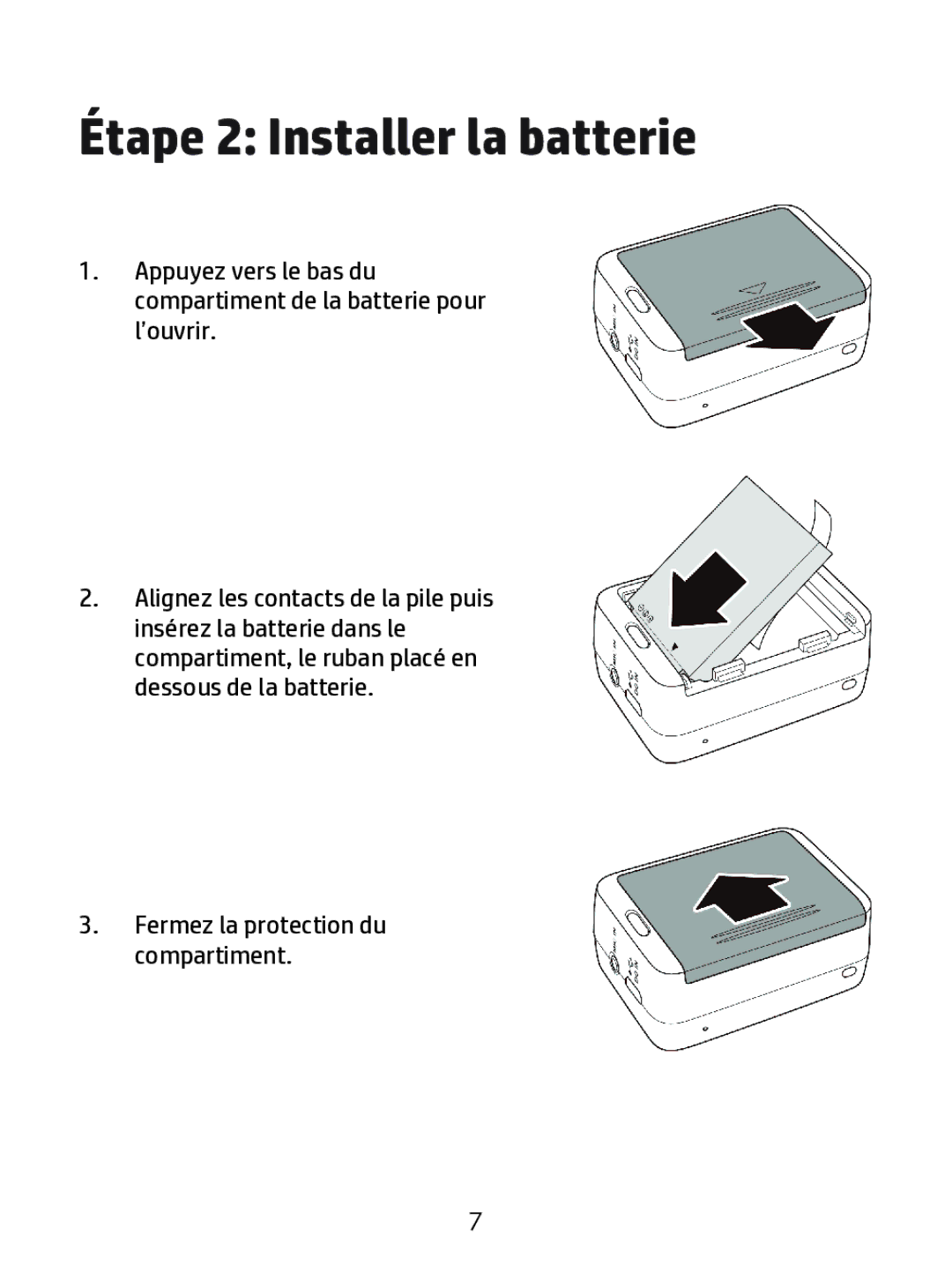 HP ac200w Action Camera manual Étape 2 Installer la batterie 