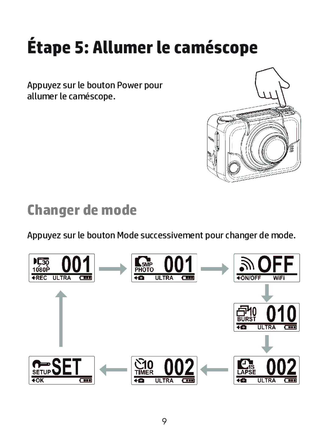 HP ac200w Action Camera manual Étape 5 Allumer le caméscope 