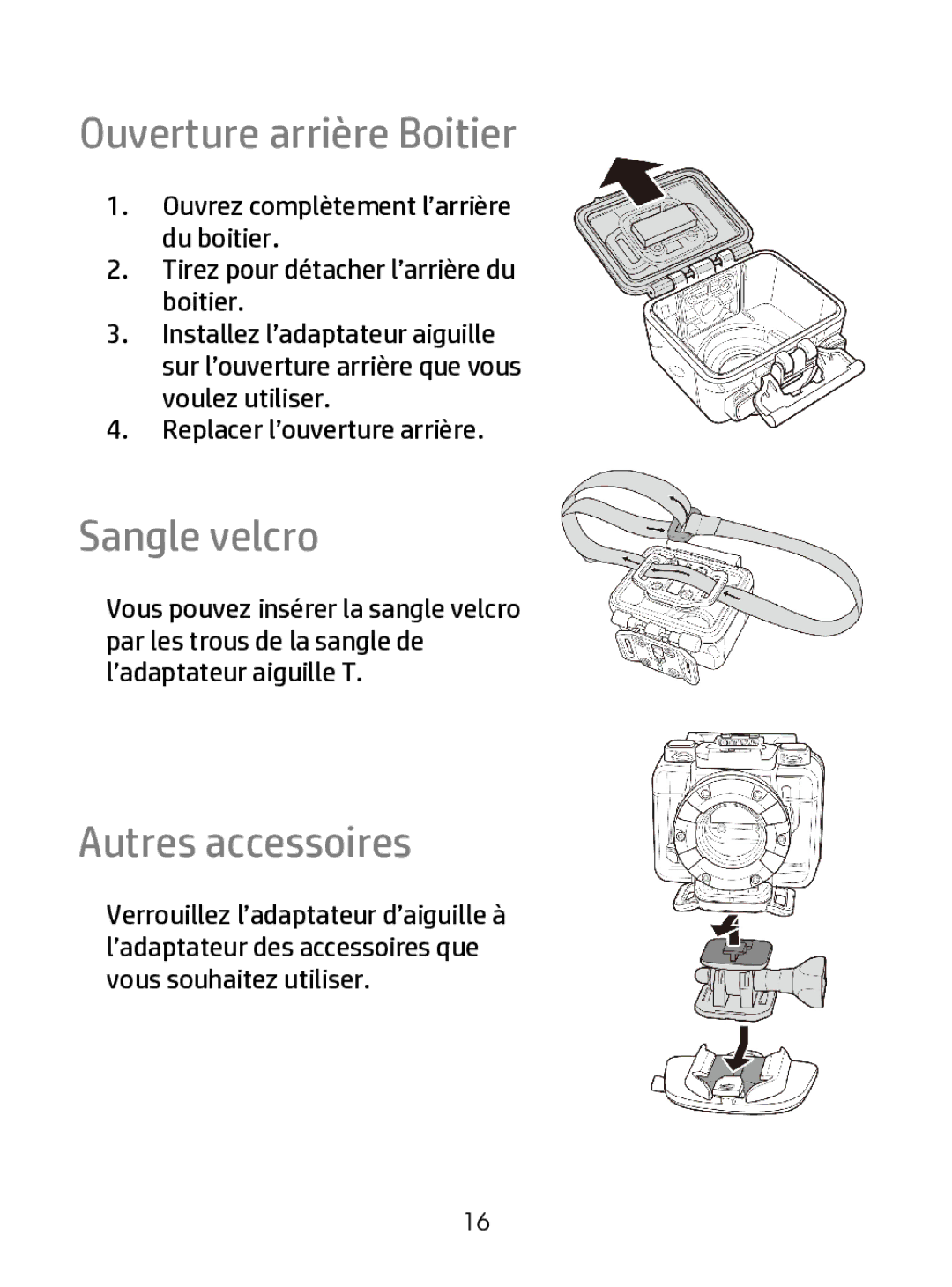 HP ac200w Action Camera manual Ouverture arrière Boitier, Sangle velcro, Autres accessoires 