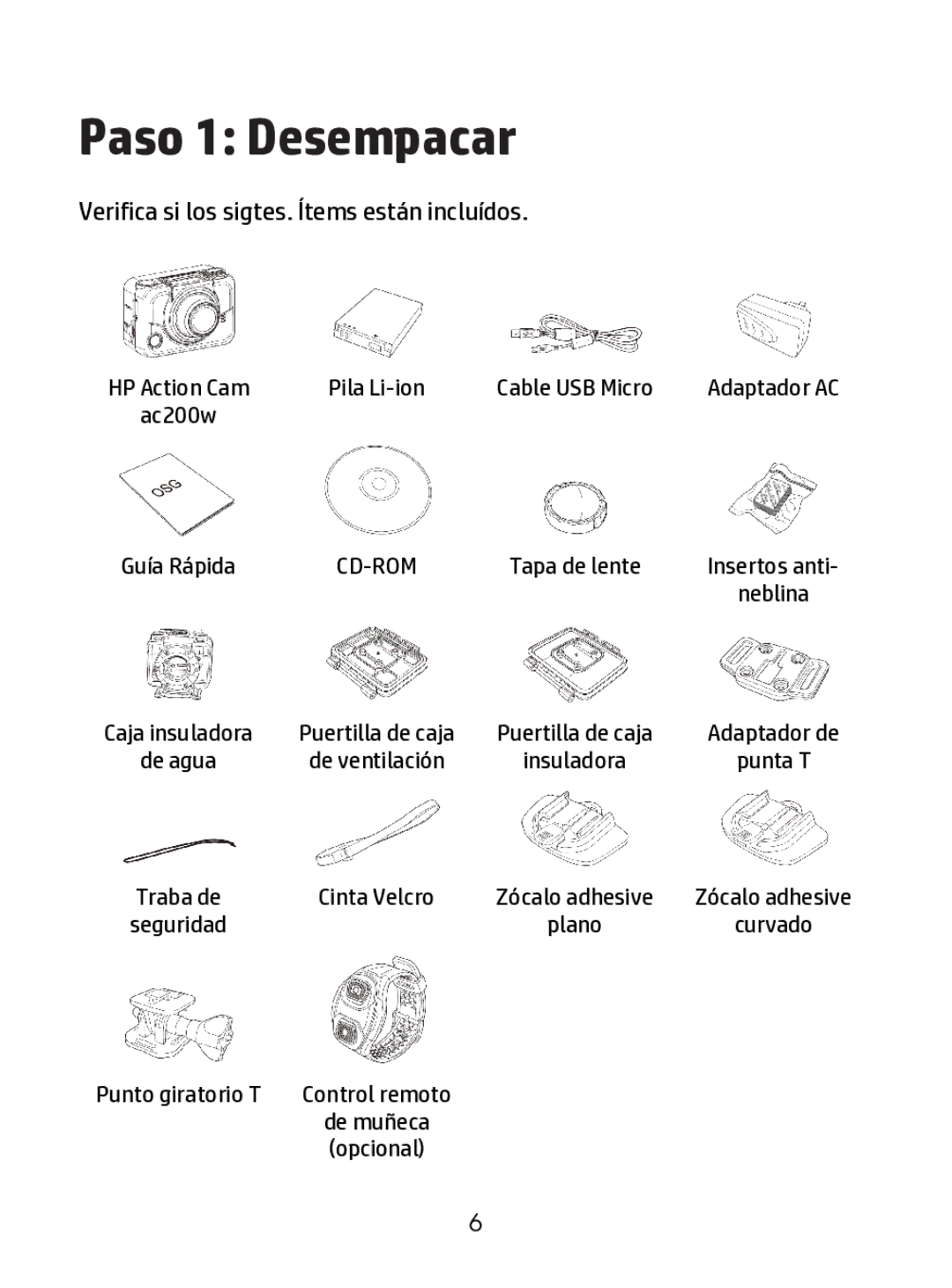 HP ac200w Action Camera manual Paso 1 Desempacar, Verifica si los sigtes. Ítems están incluídos 