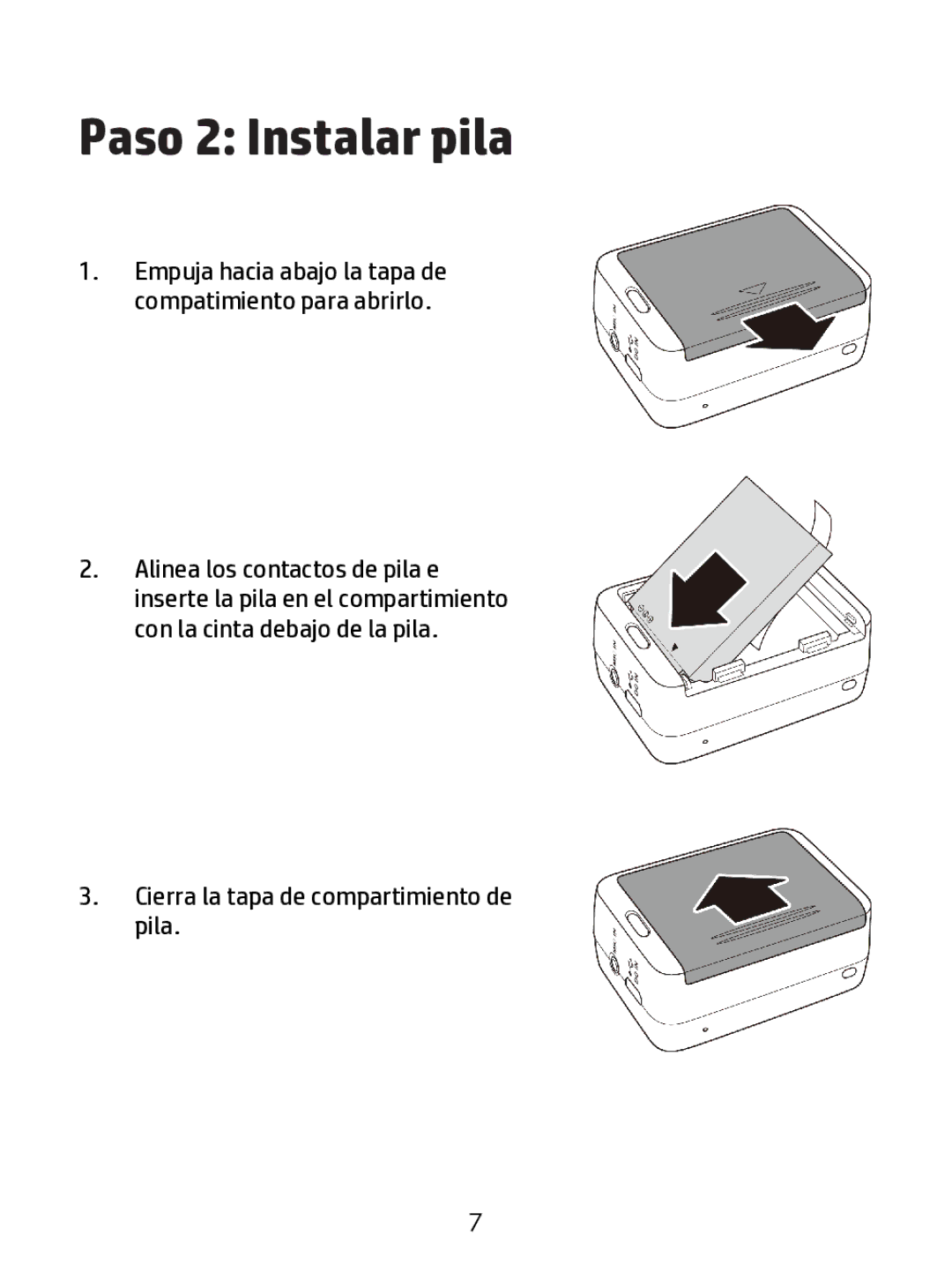 HP ac200w Action Camera manual Paso 2 Instalar pila 