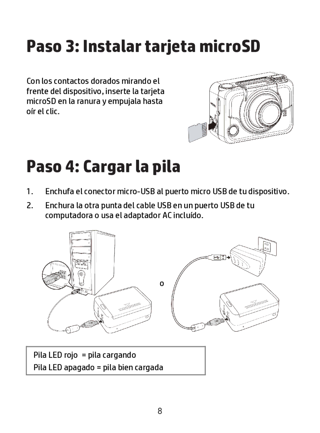 HP ac200w Action Camera manual Paso 3 Instalar tarjeta microSD, Paso 4 Cargar la pila 