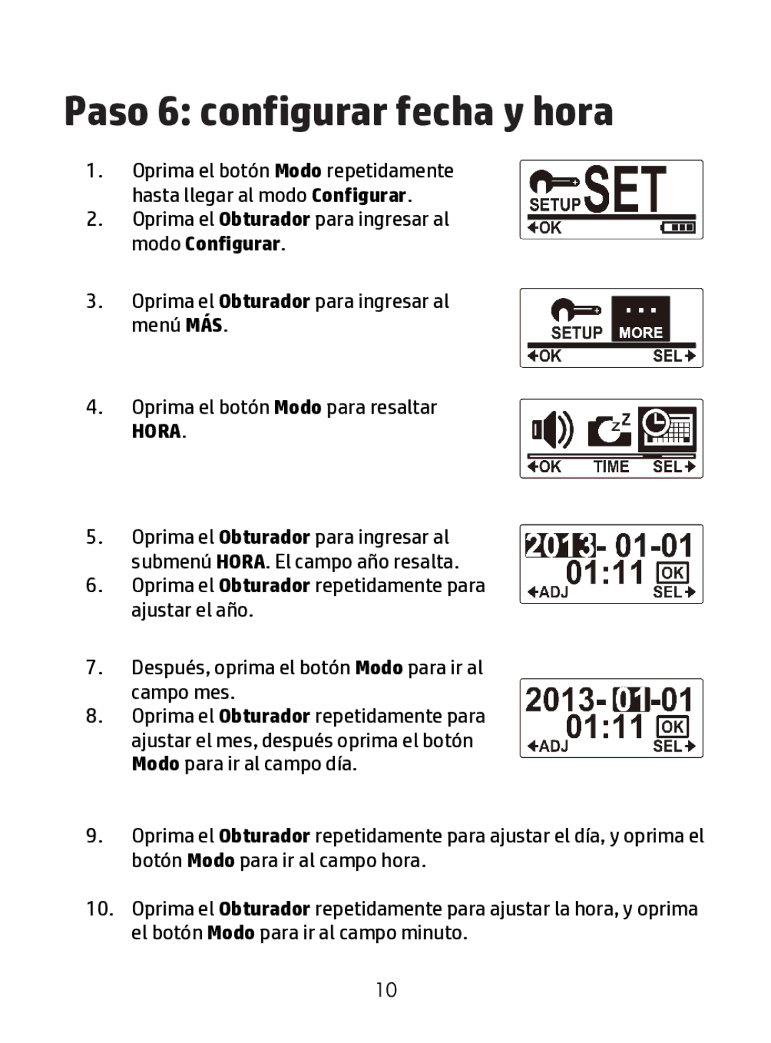 HP ac200w Action Camera manual Paso 6 configurar fecha y hora 