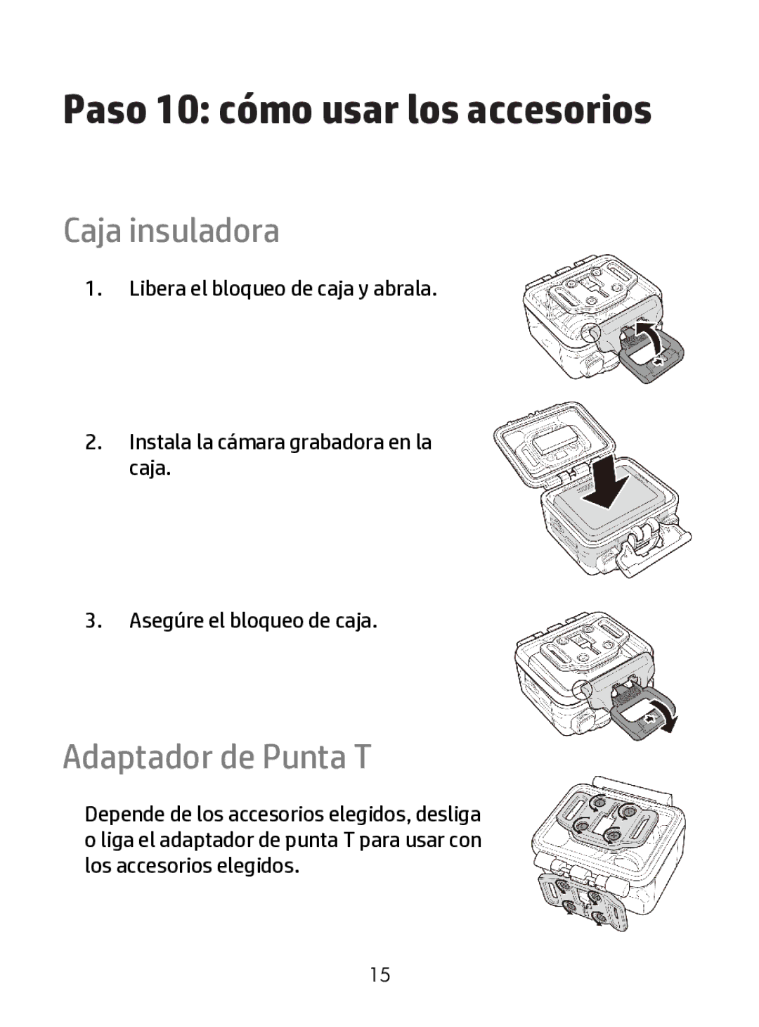 HP ac200w Action Camera manual Paso 10 cómo usar los accesorios, Caja insuladora, Adaptador de Punta T 