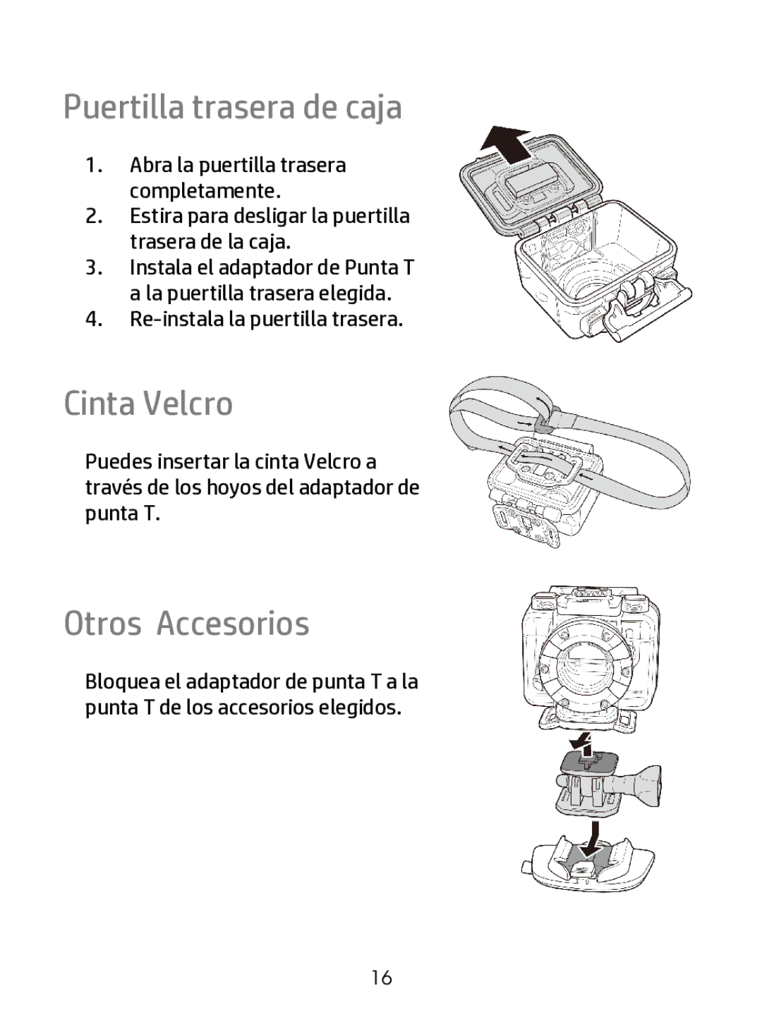 HP ac200w Action Camera manual Puertilla trasera de caja, Cinta Velcro, Otros Accesorios 