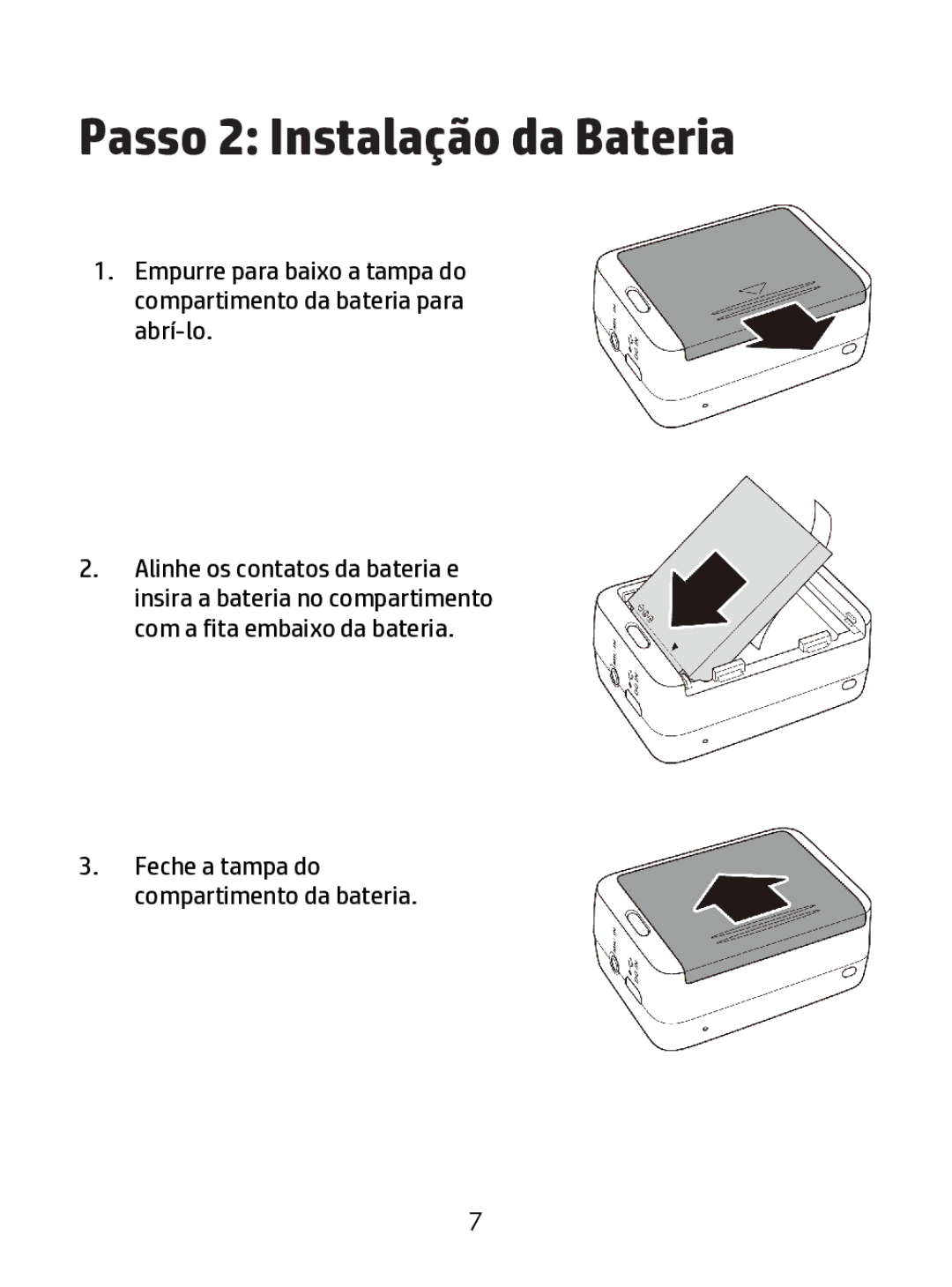 HP ac200w Action Camera manual Passo 2 Instalação da Bateria 