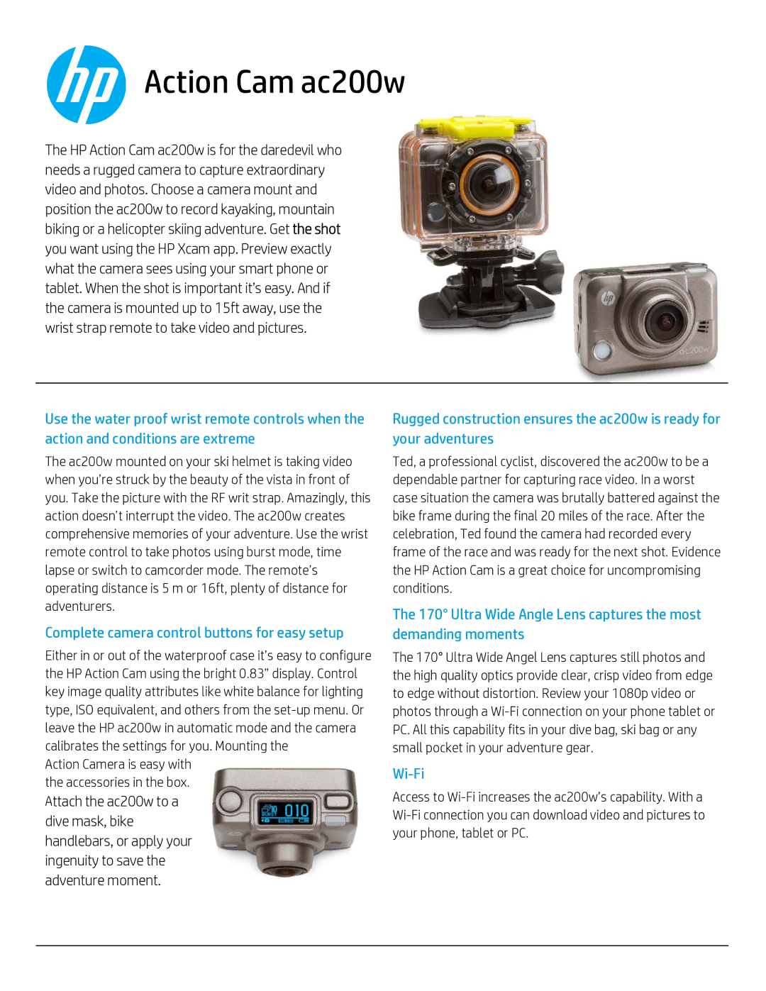 HP ac200w Action Camera manual Action Cam ac200w, Complete camera control buttons for easy setup, Wi-Fi 