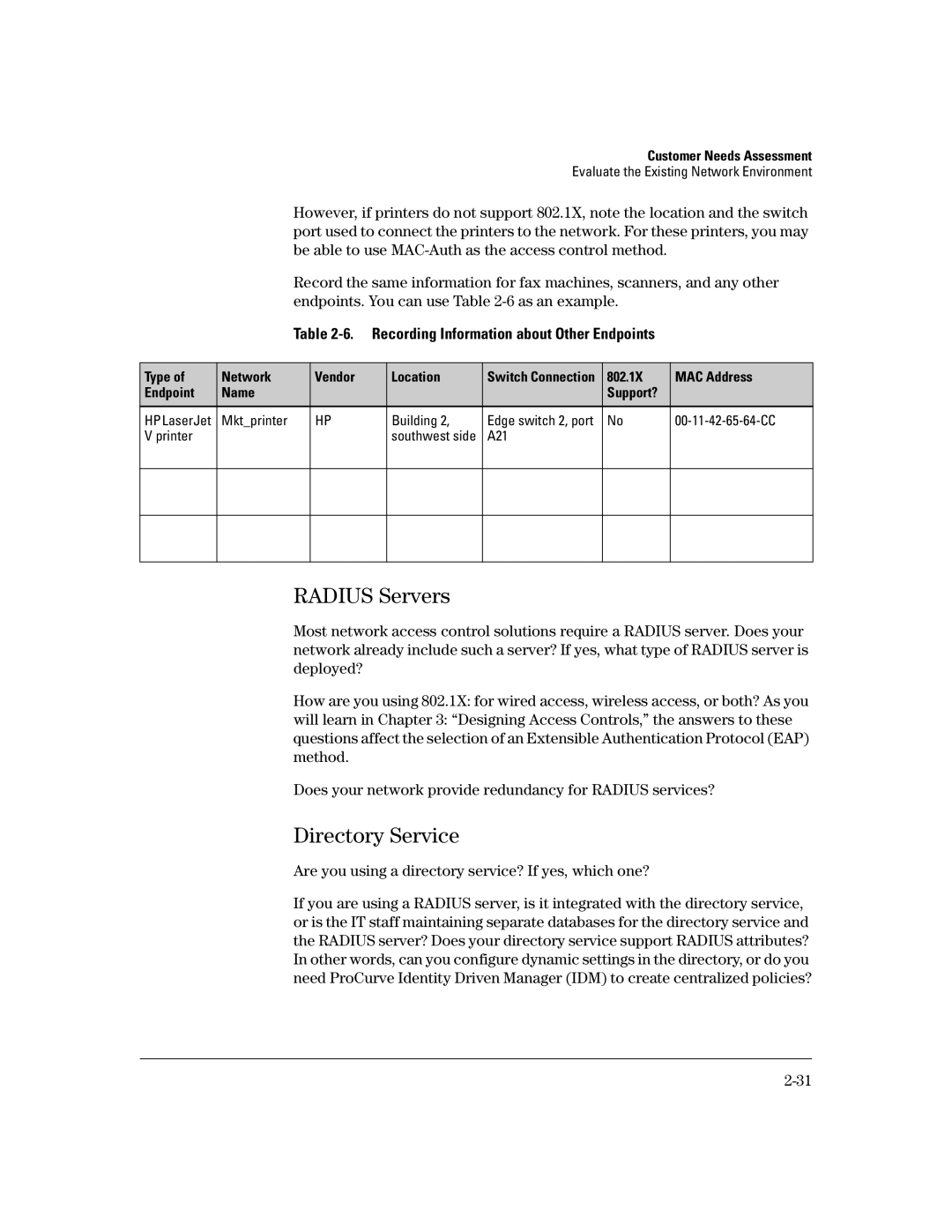 HP Access Control Client Software manual Radius Servers, Directory Service, Recording Information about Other Endpoints 