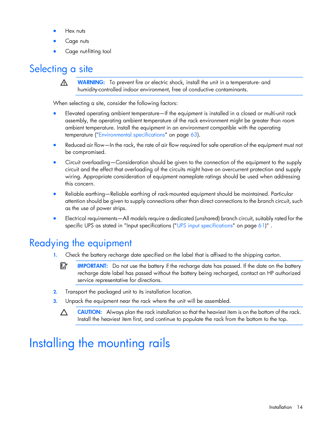 HP Accessory 651176-002 manual Installing the mounting rails, Selecting a site, Readying the equipment 