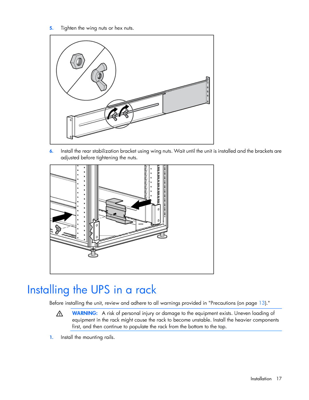 HP Accessory 651176-002 manual Installing the UPS in a rack 